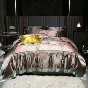 トルコの高級シルクコットン掛け布団刺繍ピンクのキルトカバー4ピース寝具セット