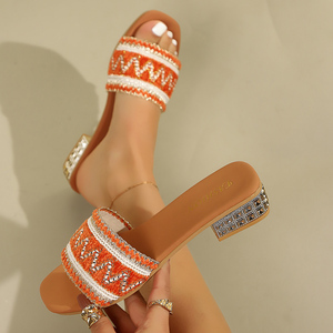 <span class=keywords><strong>Sandali</strong></span> da donna <span class=keywords><strong>arancioni</strong></span> intrecciati con <span class=keywords><strong>tacco</strong></span> basso, ciabatte boho con strass e punta aperta per l'estate e la spiaggia - Product Image 5