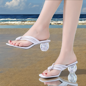 Wholesale Light Weight Summer Crystal Heel Slippers for Women Fashionable Striped Mid Heel and Breathable Cheap Beach <b>Sandals</b> - Product Image 2