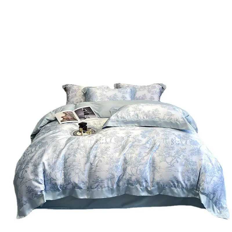 ชุดซักสี่ชิ้นเย็นเย็นน้ำแข็ง60s สไตล์นอร์ดิกนุ่มลื่นในฤดูร้อนผ้าปูเตียงปักผ้าห่มนอน
