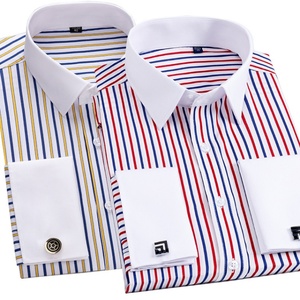 Nueva <span class=keywords><strong>Camisa</strong></span> de Boda con Puños Franceses, Corte Slim, Cuello Estampado, Versión Coreana, Manga Larga, <span class=keywords><strong>Camisa</strong></span> de Oficina a Rayas para <span class=keywords><strong>Hombre</strong></span> - Product Image 1