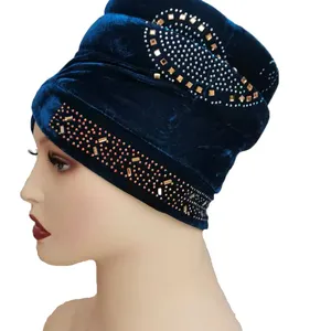 नई आगमन स्फटिक Beanies Headwrap नरम Slouchy बैगी कैप्स मुस्लिम नाइजीरिया महिलाओं की मखमल पगड़ी टोपी