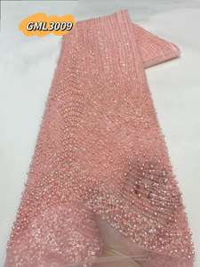 قماش دانتيل فرنسي فاخر عالي الجودة مصنوع يدويًا من الخرز الثقيل أقمشة دانتيل متسلسل للعرائس دانتيل زفاف أبيض - Product Image 1