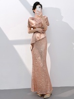 Robe de soirée longue en mousseline de soie à paillettes pour femmes avec manches chauve-souris et col rond
