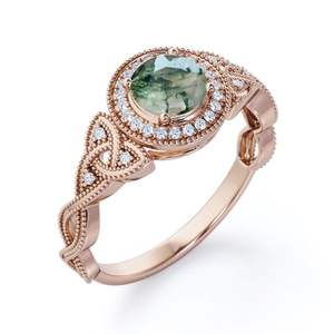 Bague de fiançailles et de mariage en argent sterling 925 certifiée, avec agate mousse et moissanite de 1,25 carat, bande entrelacée et gravure milgrain - Product Image 4