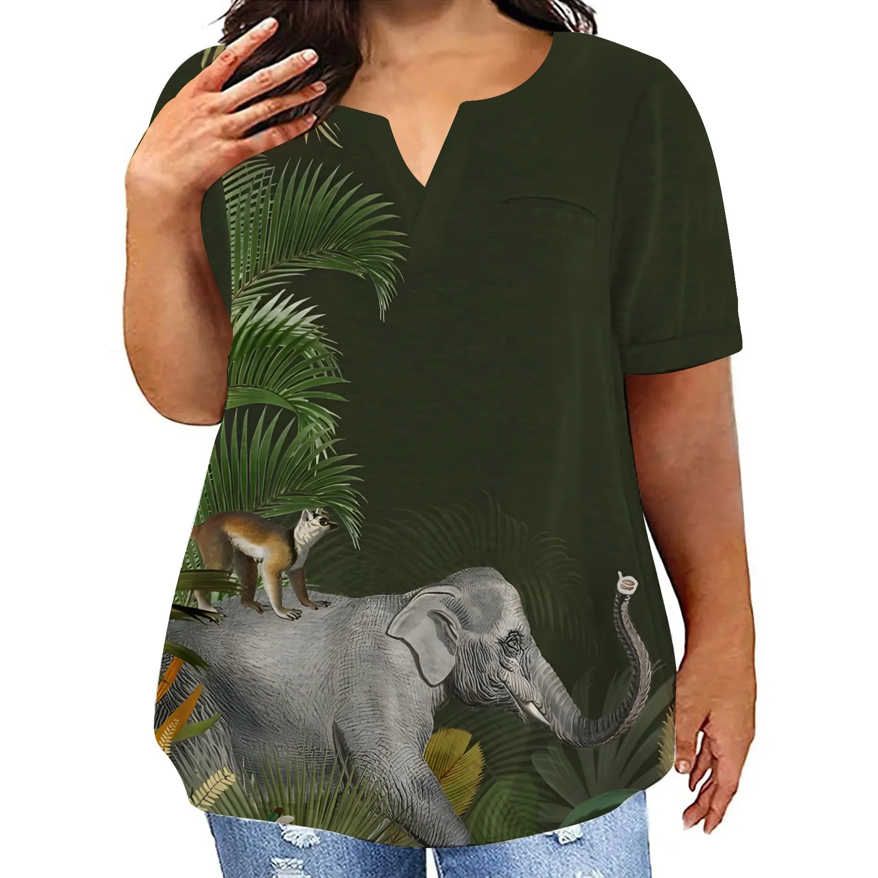 2024 Oversized Women's Loose Plus Size V Neck Top Cute Shirt New Fashion 3D Printed Elephant Print Animal T-shirt