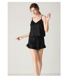 Conjunto de Pijama de Satén para Mujer, Verano, Casual, con Cordón Ajustable, Transpirable, de Manga Corta, Tejido, Color Liso - Product Image 3