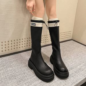 En çok satan kadınlar uzun çizmeler renk eşleştirme mektup dekor kalın taban elastik halat yuvarlak ayak kadın diz çizmeler - Product Image 3