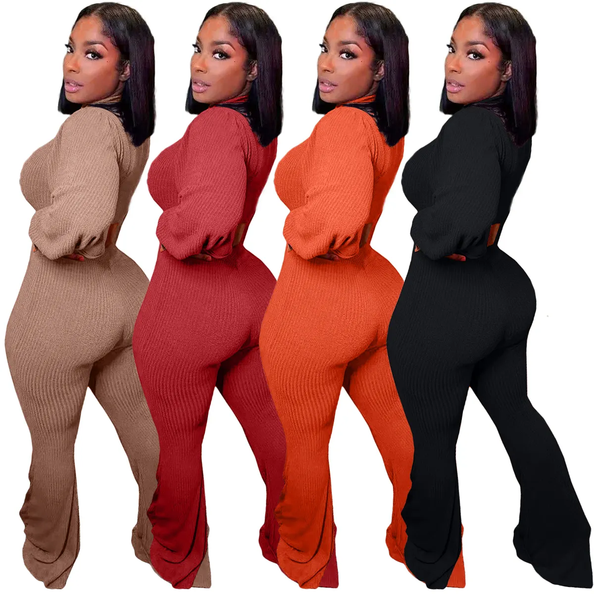 Mode Kleur Designer Kleding Vrouwen Wollen Gebreide Lantaarn Mouw Crop Top Flared Broek Set 2 Stuk Sets Vrouwen Kleding