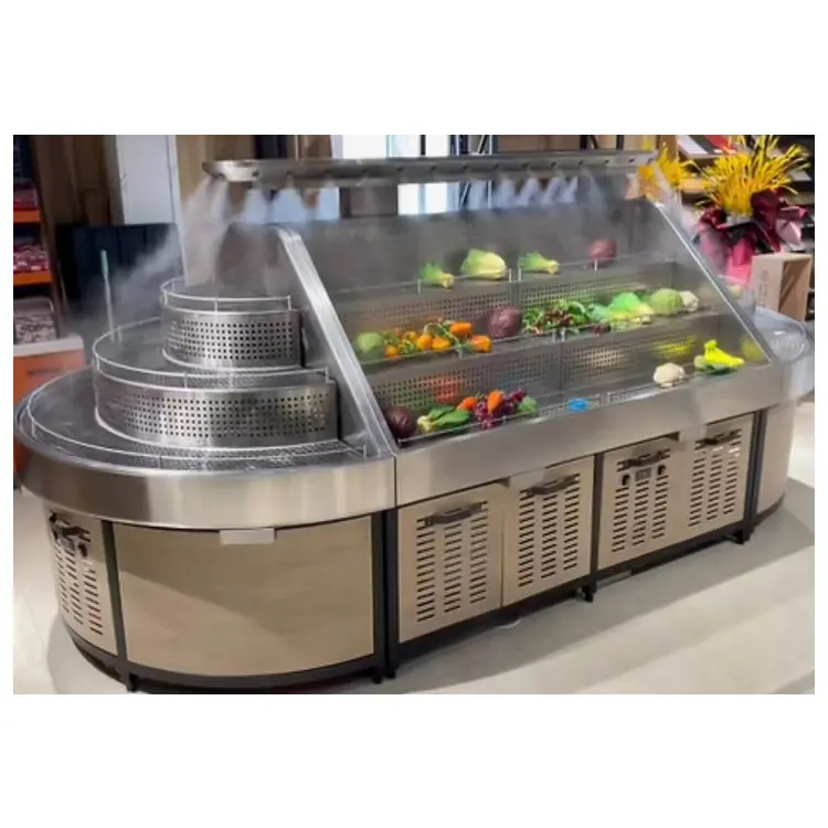 Custom size retail metallic vegetable and fruit display shelf with humidifier