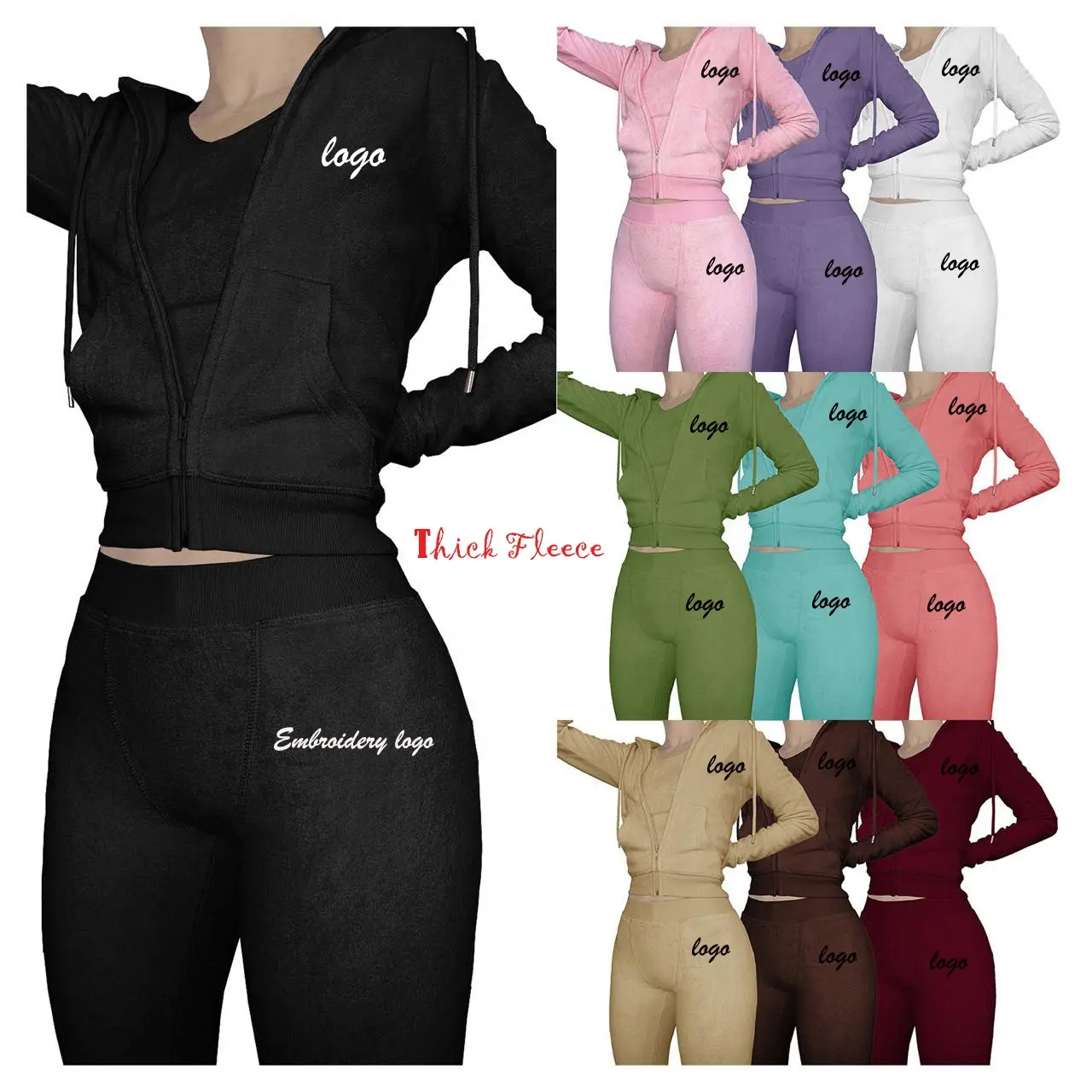 Custom women fall winter 2022 clothes terry towel clothing fleece cotton fabric crop tank tops leggings hoodie 3 piece tracksuit