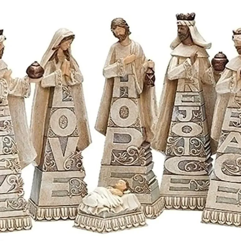 Nativity Stacked Words in Skirt, Set of 6, 8-inch Height, Resin Nativity Statue Figurine