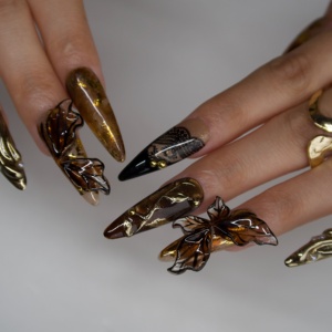 Ongles en acrylique à presser, forme amande longue, <span class=keywords><strong>papillon</strong></span> 3D, feuille d'or, motif végétal, design personnalisable pour fête/rendez-vous/banquet/usage quotidien - Product Image 4