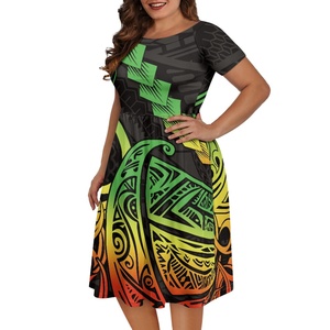 Factory Outlet Polynesian Tapa Tribal Print Personalidad personalizada Lujo Moda Casual Mujeres Cuello redondo Vestido de manga corta Barato - Product Image 4
