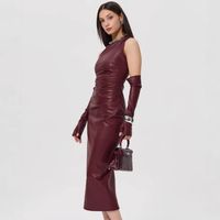Robe moulante asymétrique sexy en similicuir PU pour femme avec gants, style club et fronces