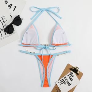 Maillot de bain personnalisé avec bordure côtelée, micro-bikini color block, micro-bikini triangle, vêtements de plage, maillot de bain sexy pour femmes - Product Image 4