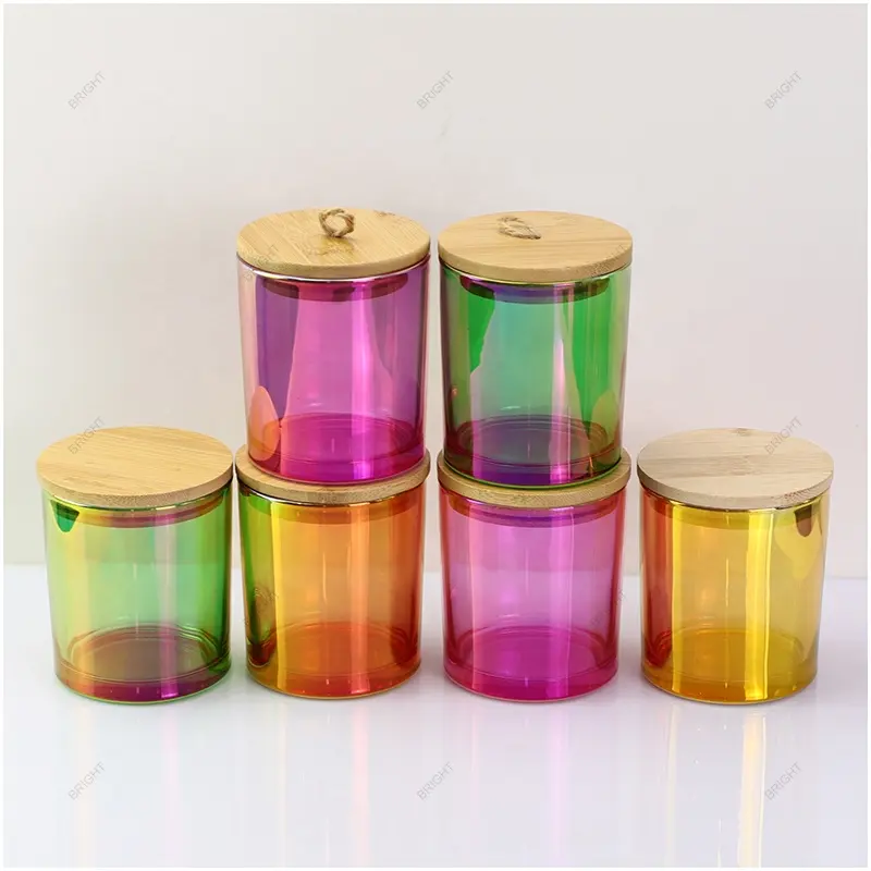 Barattoli di candela di vetro iridescente di lusso arcobaleno rosa verde giallo 8oz con coperchio in argento dorato e scatola di imballaggio