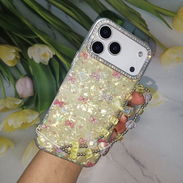Glitter Shell Texture Phone Case with Sparkly Butterfly Wrist Strap for Samsung Redmi Protective Case for iPhone 17 16 15 14 11