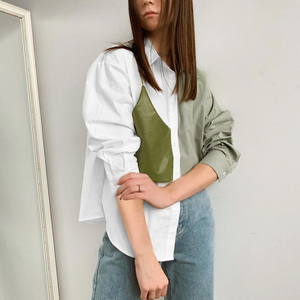 Camicia da Donna Personalizzata OEM <span class=keywords><strong>Verde</strong></span> con Pannello in <span class=keywords><strong>Pelle</strong></span> Asimmetrico, Maniche Lunghe, Colletto Rovesciato, Abbigliamento da Ufficio, Blusa all'Ingrosso - Product Image 1