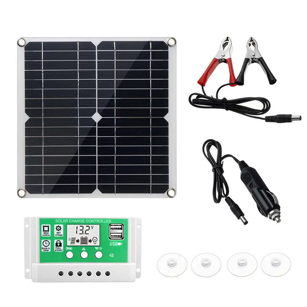 Портативная моно солнечная панель, 25 Вт, комплект для автозарядного устройства, с контроллером 10А, 10 В для автомобиля, лодки