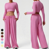 Tenues de sport décontractées pour femmes à manches longues en 2 pièces, haut de yoga doux comme du beurre et pantalon large à jambes larges, vêtements de danse, de fitness et de gym