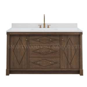 Armoire de salle de bain antique au sol en bois massif contreplaqué LED bassin en porcelaine peint en noyer vieilli résistant à l'eau - Product Image 2