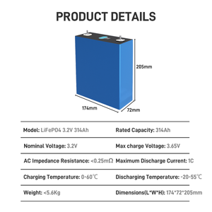 Batería de fosfato de hierro y litio (LiFePO4) de 3.2V 314Ah, 8000+ ciclos, nueva, para almacenamiento de energía solar en el hogar (ESS) - Product Image 3