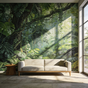 Mural de Pared Personalizable con Diseño Art Deco de Bosque Tropical Primitivo, Planta Gigante de Monstera y Palmera, Paisaje de Selva - Product Image 2
