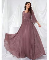 Robe de soirée formelle en mousseline de soie à col carré et manches longues pour femme, avec plis à la taille et fermeture éclair