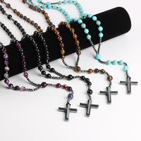 Collier pendentif croix en pierre naturelle pour homme, hématite, œil de tigre, turquoise, perles de pierres précieuses, chapelet, bijoux chrétiens