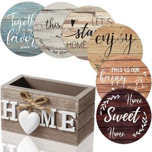Lot de 6 <span class=keywords><strong>sous</strong></span>-verres en bois style ferme avec support, 4 pouces, décoration amusante pour cuisine, bar à café, table – Cadeau de déménagement - Product Image 1
