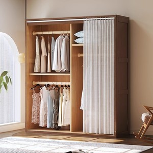Nordic Solid Wood <b>Wardrobe</b> Open Curtain Cabinet <b>Large</b> Capacity Storage Bedroom Furniture - Product Image 2