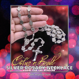 Collar de Rosario Vintage Risingmoon de Aleación Plateada con Cuentas Benedictinas, Cadena con Cruz, Oración Cristiana, Chapado en Plata - Product Image 2