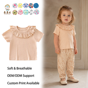 Guai Premium Pointelle Bebek Kız Çocuk Yazlık Butik Giyim İçin Yumuşak Dokulu Fırfırlı Yaka Tişört - Product Image 1