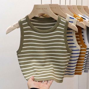 Débardeurs rayés tricotés pour femme, sans manches, coupe courte, élastiques, ajustés, décontractés, style pull, collection Printemps-Été - Product Image 6