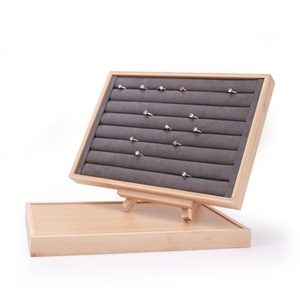 Bamboo Wood Grooved Velvet Leather Rings <b>Earrings</b> Jewelry Display Tray Organizer Jewelry showcase Trays for Shop Display - Product Image 4