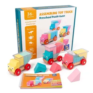 Samtoy DIY Colorful Cute Truck Stem Assembly Toys Logic Puzzle Game Kids Wooden Building Blocks Educational Toys