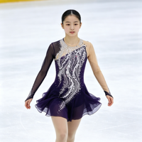 Robe de patinage artistique en strass violet foncé, maille, une manche longue, dos lacé, pour compétition et performance adulte et enfant