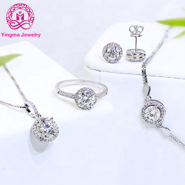 2ct Wholesale Prong Setting Moissanite Jewelry Round Shape Moissanite 18k Gold Plated 925 Silver Women Jewelry Set Moissanite
