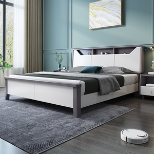 <b>White</b> Solid Wood 1.8m <b>Double</b> <b>Bed</b> Modern Minimalist Storage High Box Bedroom Furniture - Product Image 1