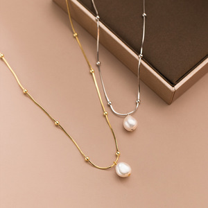 Joyería elegante, Plata de Ley 925, perlas barrocas, cuentas redondas, bolas doradas, <span class=keywords><strong>cadena</strong></span> de hueso de serpiente para mujer - Product Image 1