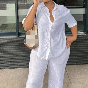 Women's Solid Color Lapel Short Sleeve Shirt Loose Top Long <b>Pants</b> African New 2 Piece Set Fashion - Product Image 3