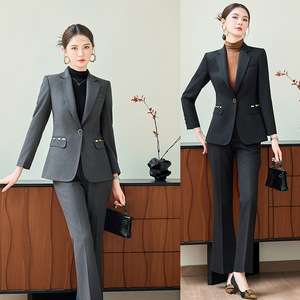 Women's Suit Set Grey Polyester Wool Blend Slim Fit Office Lady Anti-Wrinkle Spring Autumn Style - Product Image 1