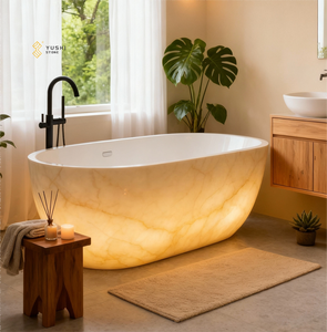 YUSHI Modern Boat Shape Naturstein Badewanne Luxuriöse durchscheinende Onyx Marmor freistehende Badewanne für Hotel Badezimmer - Product Image 6