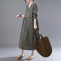Robe longue décontractée ample col en V ligne A manches longues tissée lin coton taille unique femmes Vintage Plaid automne/hiver