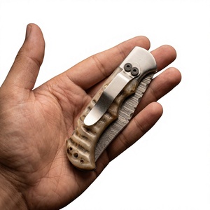Cuchillo de Bolsillo Plegable de Acero de Damasco de Alta Calidad, Precio de Fábrica al por Mayor, Mango de Cuerno de Oveja, Aplicación Táctica, 58 HRC - Product Image 2