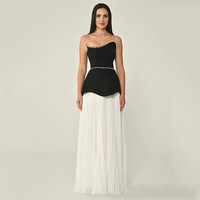 Robe longue plissée en mousseline de soie pour femme, sexy, sans bretelles, brodée de perles, avec patchwork de diamants, pour soirée, cocktail ou fête