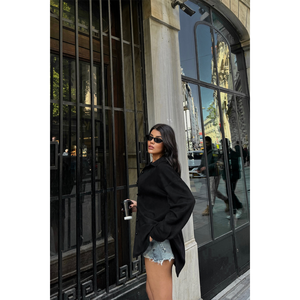 Camisa Negra de Gamuza Estilo Boyfriend para Mujer, con Botones, Cuello Halter y Cordones, Estilo Casual - Product Image 3