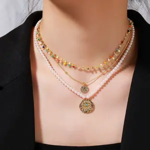 real gold plated jewelry colorful natural stone choker fashion eye dangle pearl ladies women pendant necklace chains