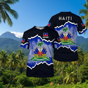 T-shirt con bandiera 3D di Haiti, personalizzabile con nome, maglietta con stemma di Haiti, capo d'abbigliamento ricordo dell'eredità. - Product Image 3